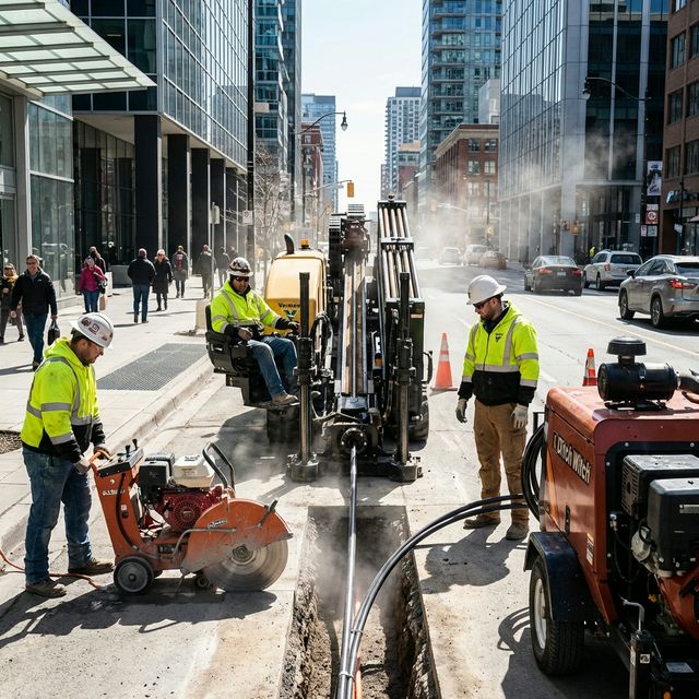 Concrete cutting and utility exposure for fibre optic installation