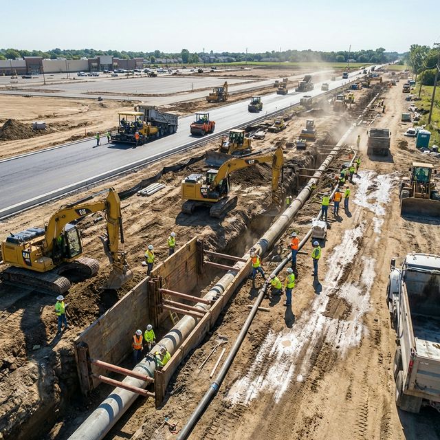 Road construction and utility installation in Central Alberta subdivision
