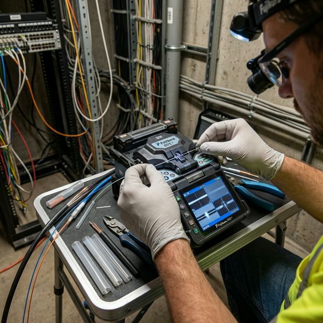Precision fibre optic splicing work